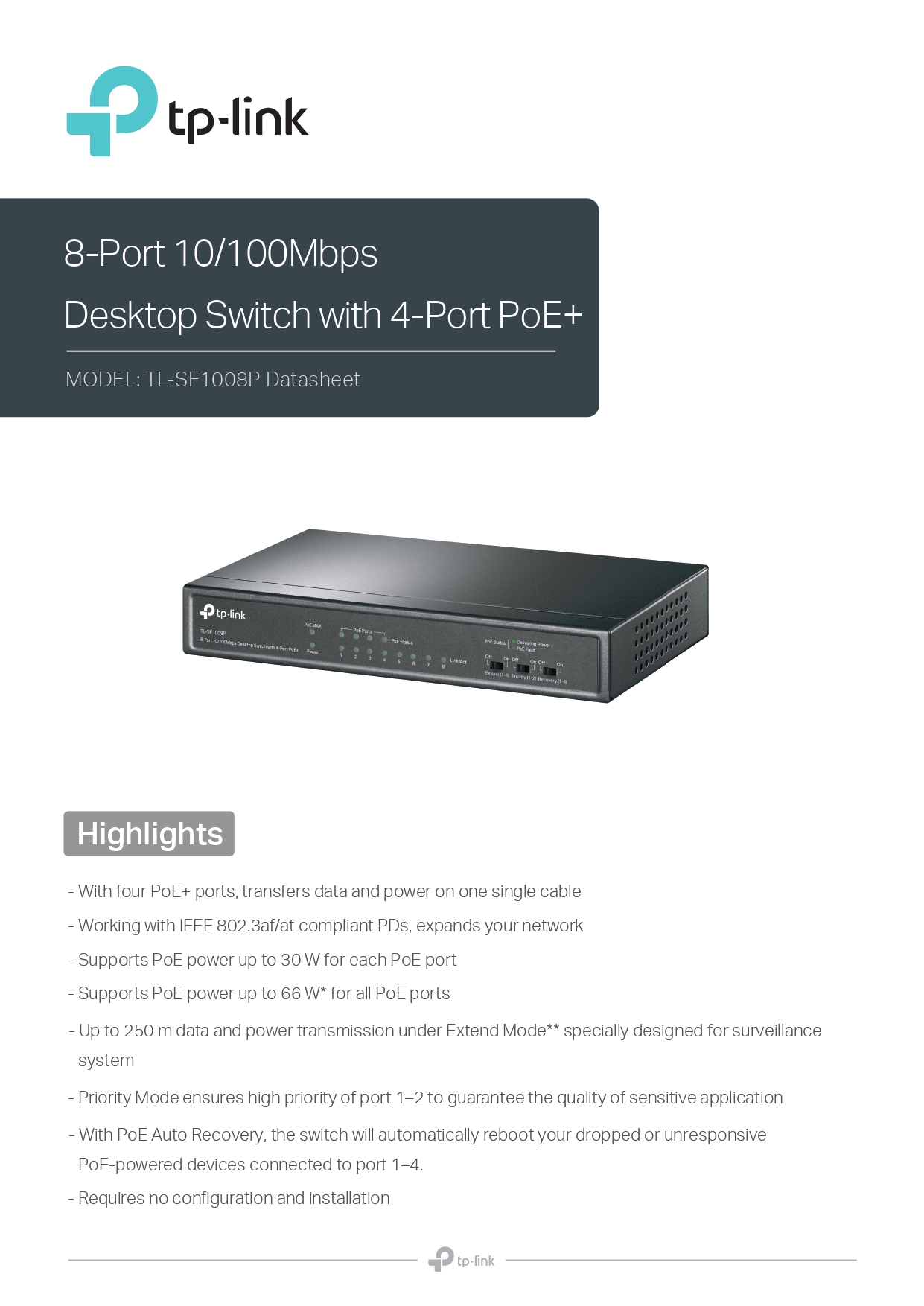 TL-SF1008P  8-Port 10/100Mbps Desktop Switch with 4-Port PoE+