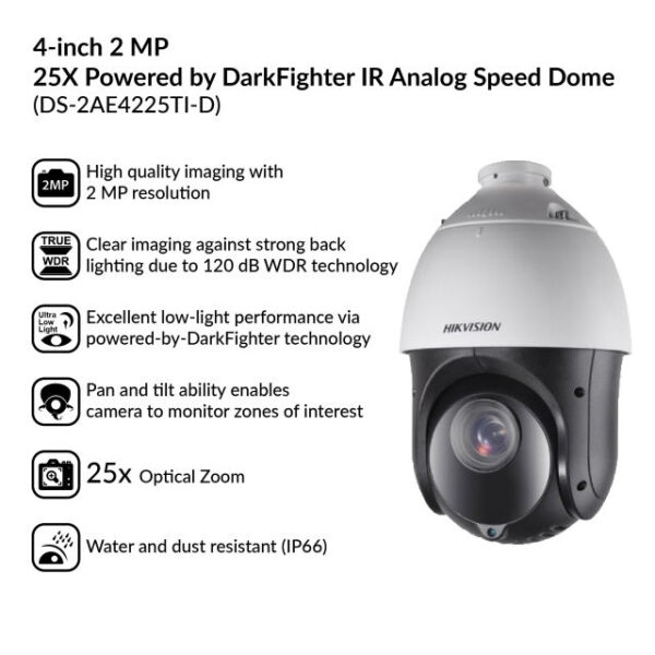 HIKVISION DS-2AE4225TI-D(E) 4-inch 2 MP 25X Powered by DarkFighter IR Analog Speed Dome - Image 3