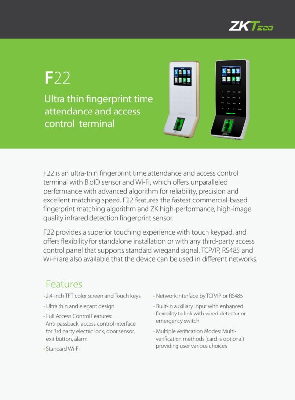 ZKTECO F22/ID/ADMS Ultra Slim Fingerprint Time Attendance & ID Card
